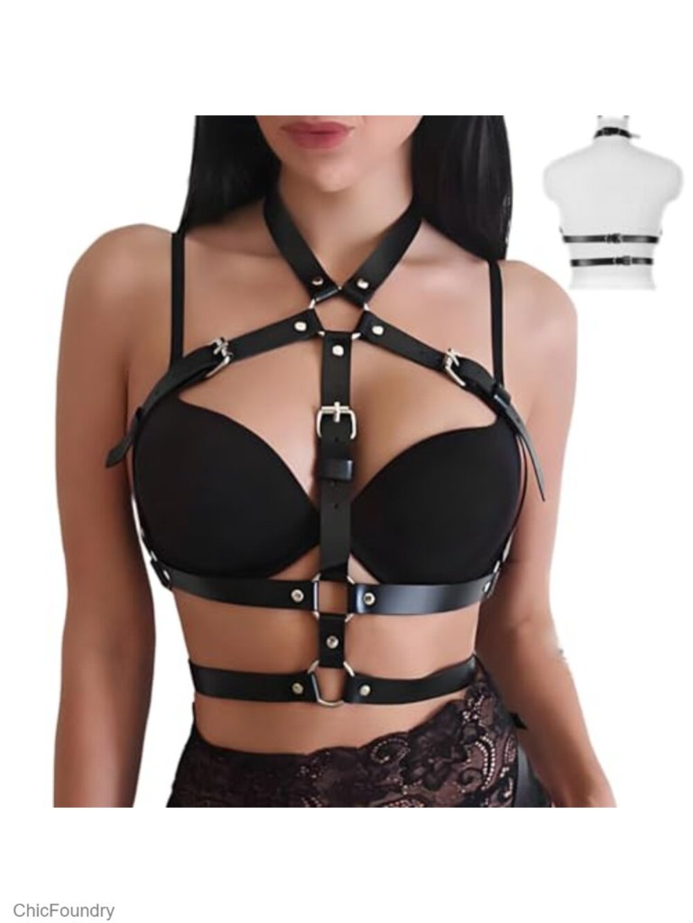 Women's PU Leather Adjustable Body Harness Belt Set Goth Punk Club